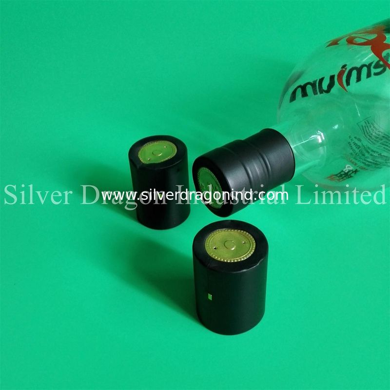 Matt black PVC shrink capsules, with tear strip, for Vodka, size 34 x 55mm