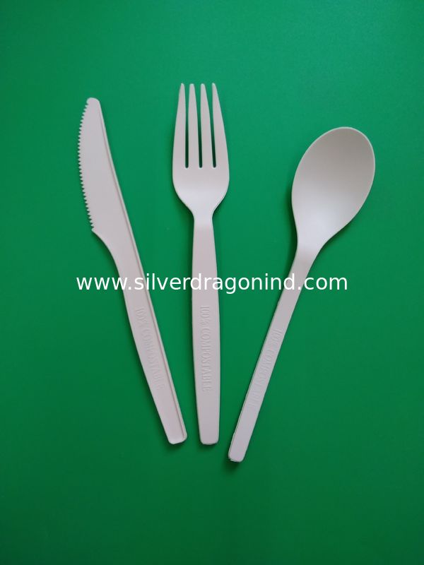 disposable biodegradable & 100% compostable PLA cutlery Knife/fork/spoon in white, 165&160mm
