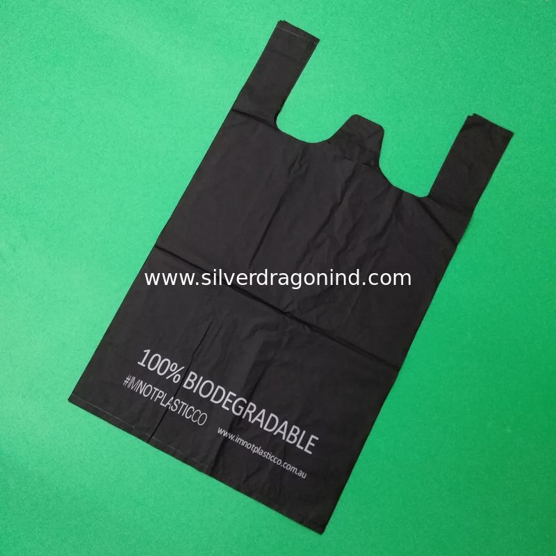 100% biodegradable and compostable T-shirt bag, black color, size 0.025mm x (30+15)x50cm, withstand 5kg