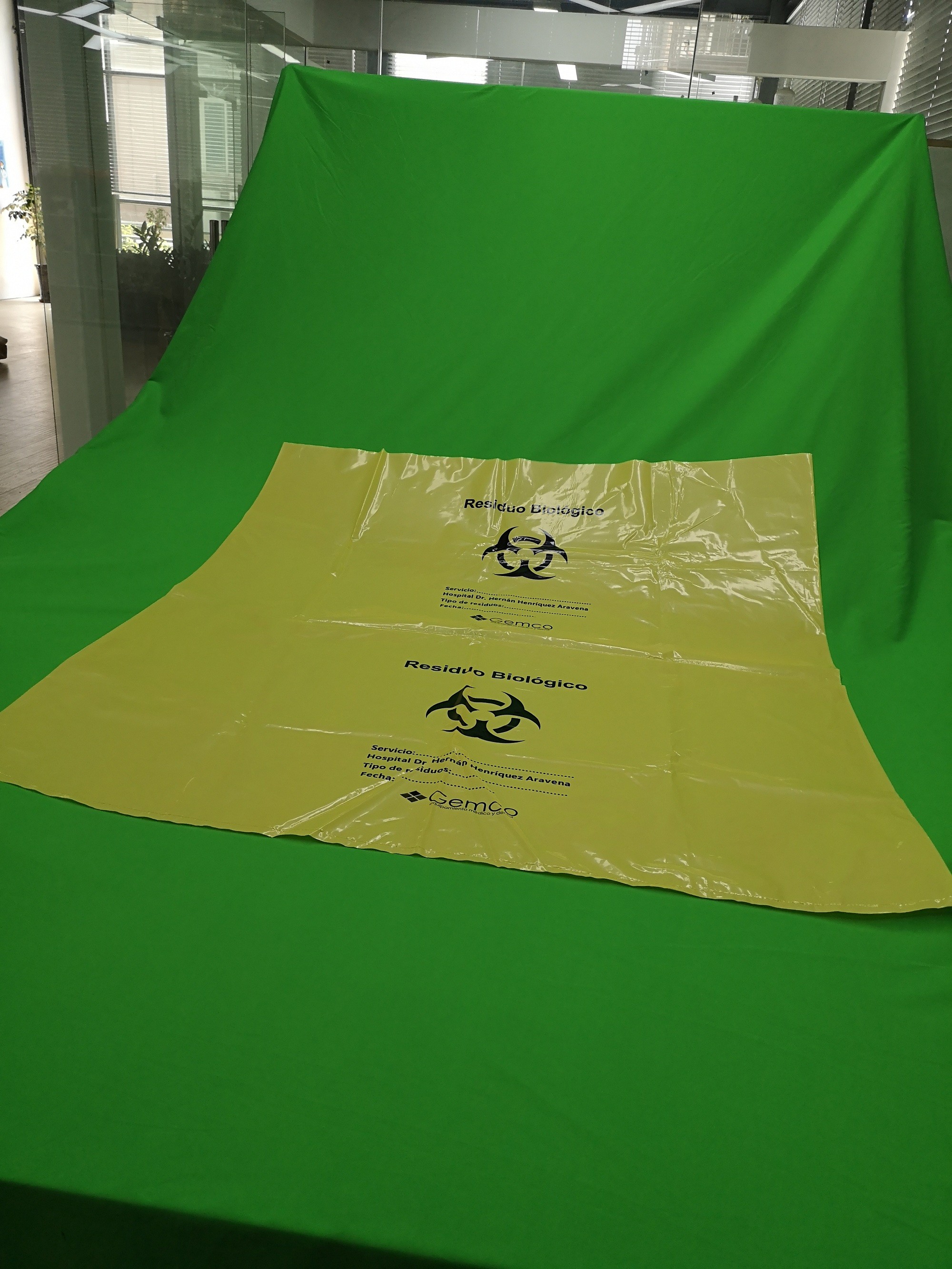 Yellow biohazard plastic bags, size 800x1000x0.08mm, print one color