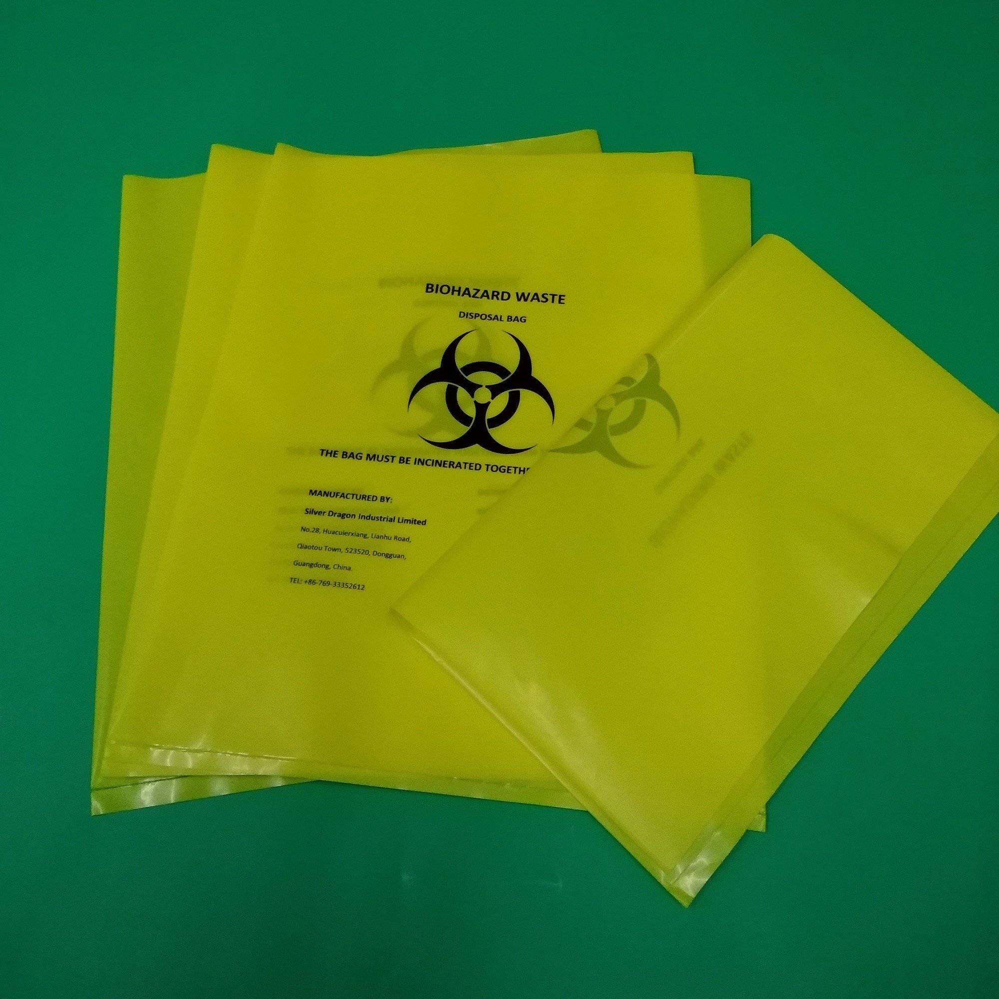 Yellow biohazard disposable bag, size 300x360x0.12mm, print one color