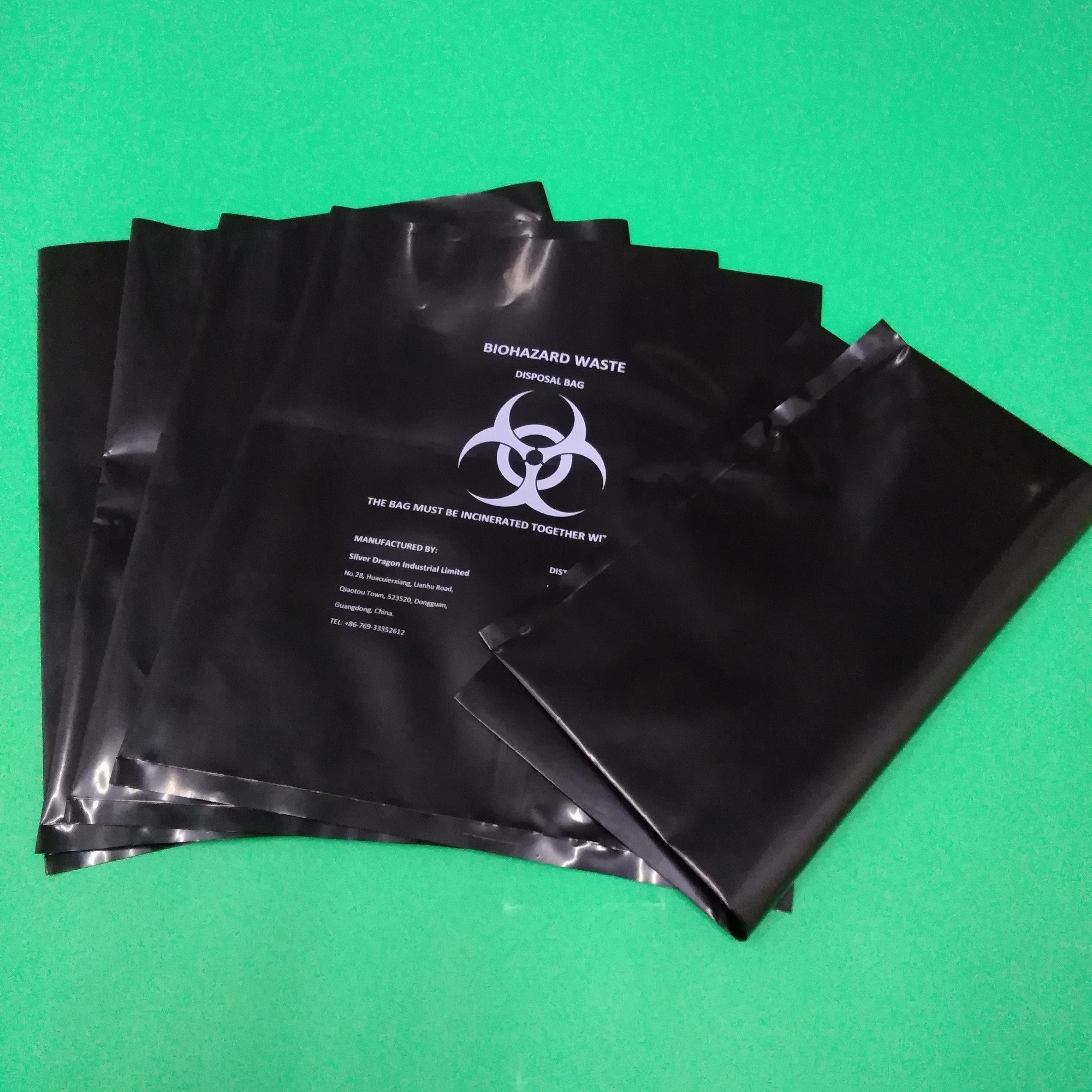 Black biohazard disposable bag, size 300x360x0.12mm, print one color