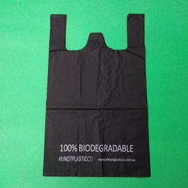 100% biodegradable black T-shirt bag, 1 color 1 side printed, size 0.025mm x (30+15)x50cm, withstand 5kg