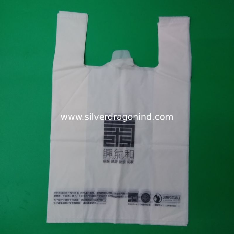 100% biodegradable and compostable T-shirt bag, 1 color 2 sides printed, size 0.04mm x (30+16)x46cm, withstand 5kg