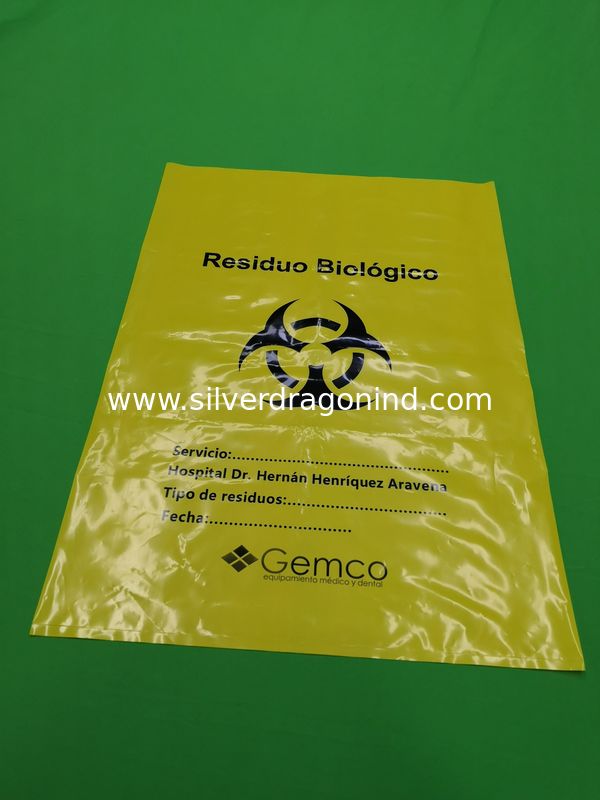Yellow biohazard plastic bags, size 300x500x0.08mm, print one color one side, for hospital use