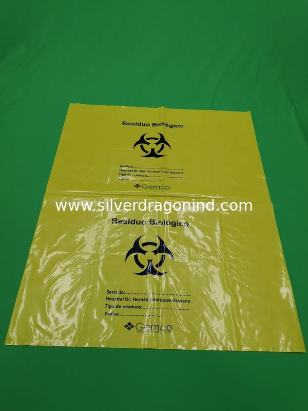 Yellow biohazard plastic bags, size 600x900x0.08mm, print one color one side, for hospital use