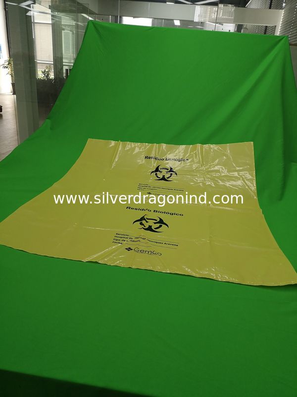 Yellow biohazard plastic bags, size 800x1000x0.08mm, print one color one side, for hospital use