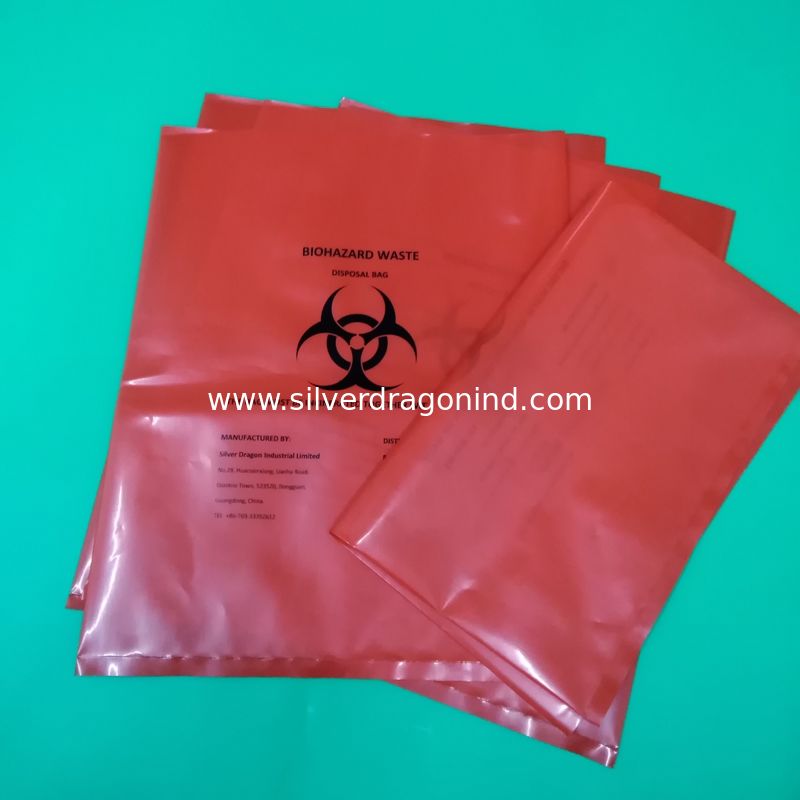 Red biohazard disposable bag, size 300x360x0.12mm, print one color one side, for hospital use