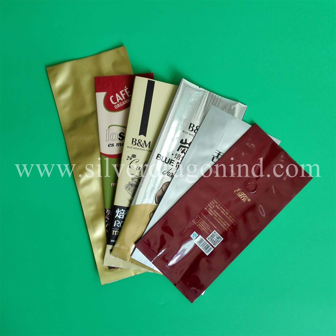 various coffee bags with valve, side-sealed, back-sealed, quad-sealed shape